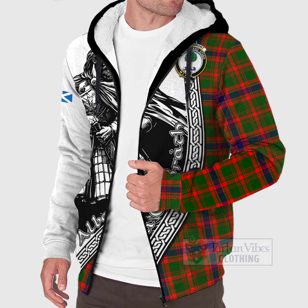 Tartan Vibes Clothing Kinninmont Tartan Clan Crest Sherpa Hoodie with Highlander Warrior Celtic Style