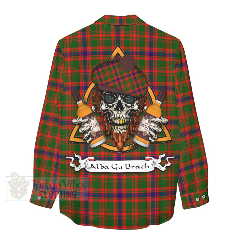 Tartan Vibes Clothing Kinninmont Tartan Women's Casual Shirt with Family Crest and Bearded Skull Holding Bottles of Whiskey