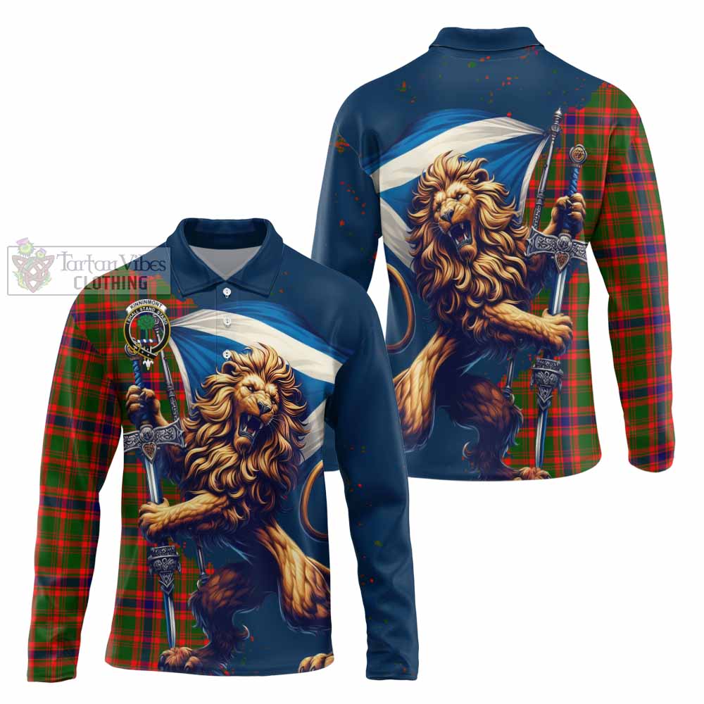 Tartan Vibes Clothing Kinninmont Tartan Family Crest Long Sleeve Polo Shirt with Scottish Majestic Lion