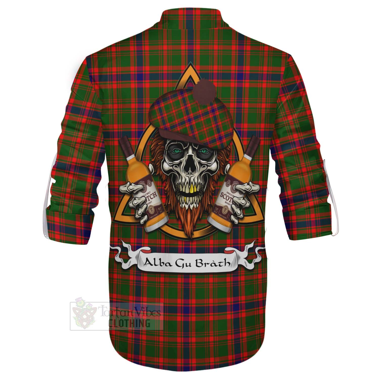 Tartan Vibes Clothing Kinninmont Tartan Ghillie Kilt Shirt with Family Crest and Bearded Skull Holding Bottles of Whiskey