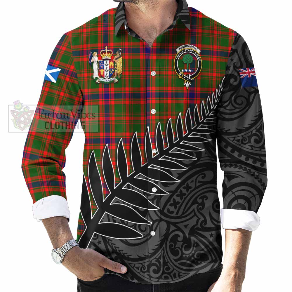 Tartan Vibes Clothing Kinninmont Crest Tartan Long Sleeve Button Shirt with New Zealand Silver Fern Half Style