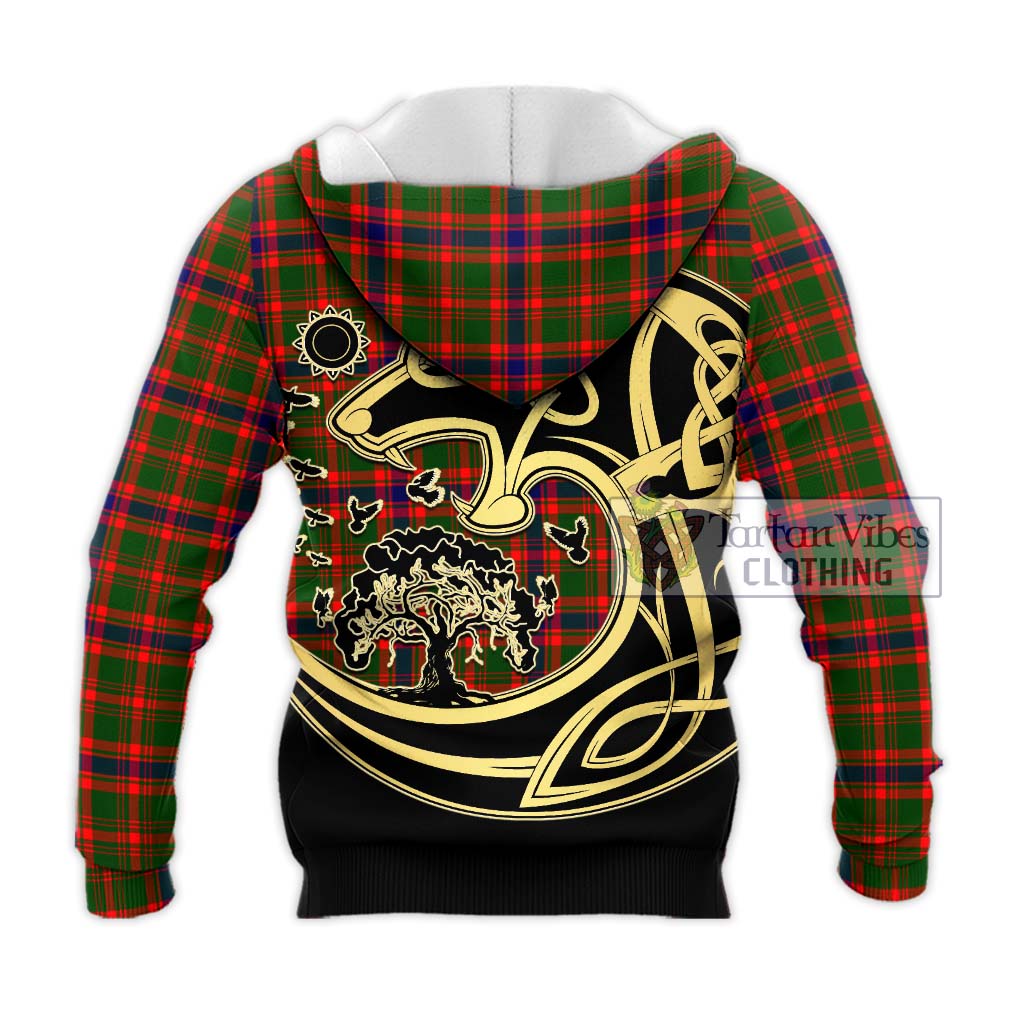 Tartan Vibes Clothing Kinninmont Tartan Knitted Hoodie with Family Crest Celtic Wolf Style
