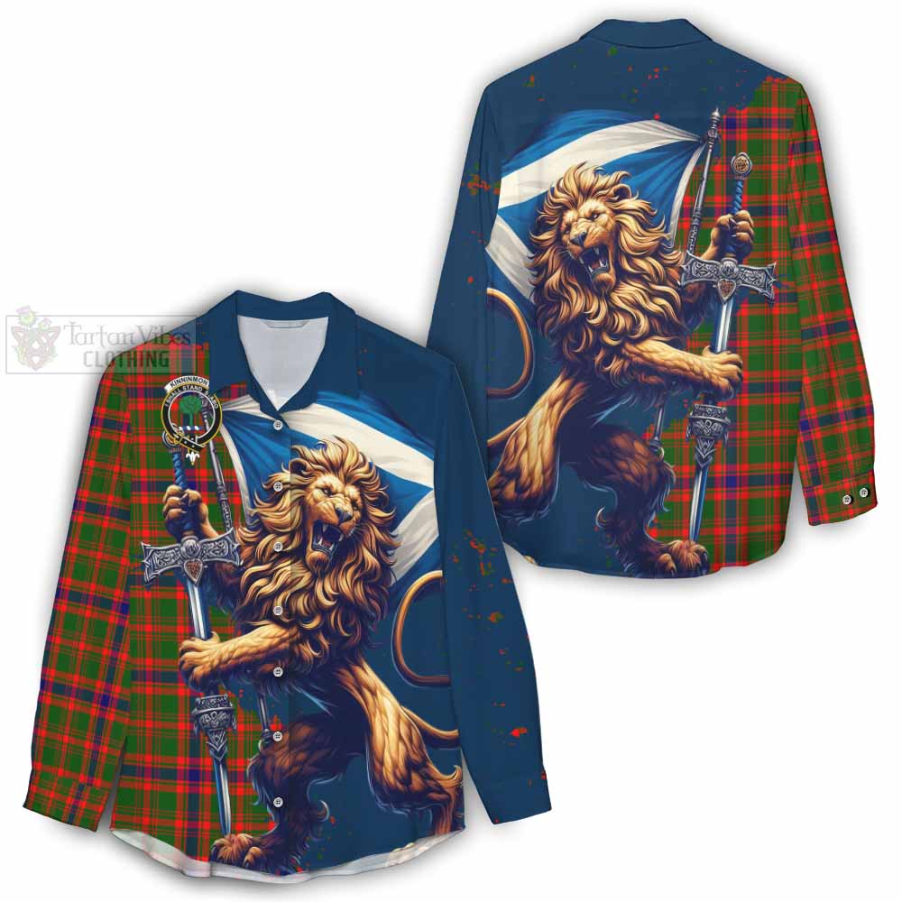 Tartan Vibes Clothing Kinninmont Tartan Family Crest Women's Casual Shirt with Scottish Majestic Lion