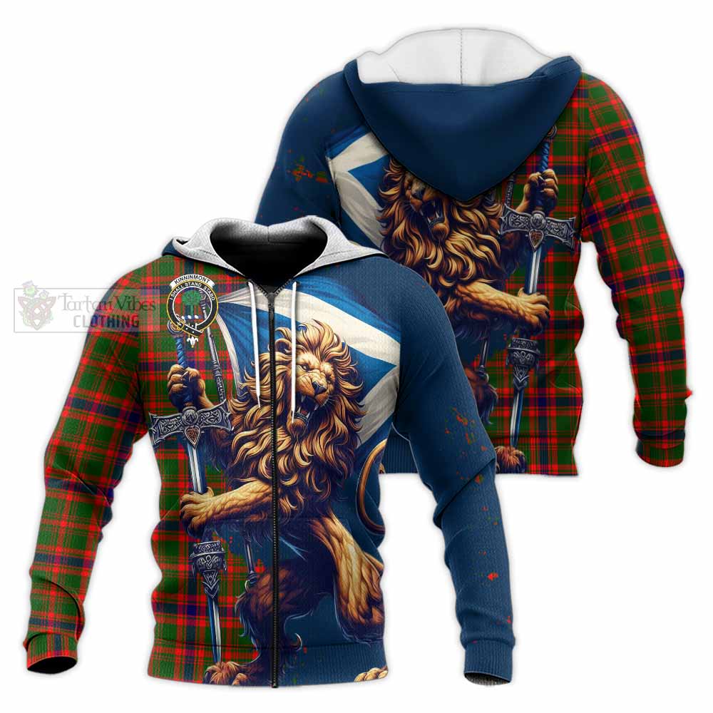 Tartan Vibes Clothing Kinninmont Tartan Family Crest Knitted Hoodie with Scottish Majestic Lion