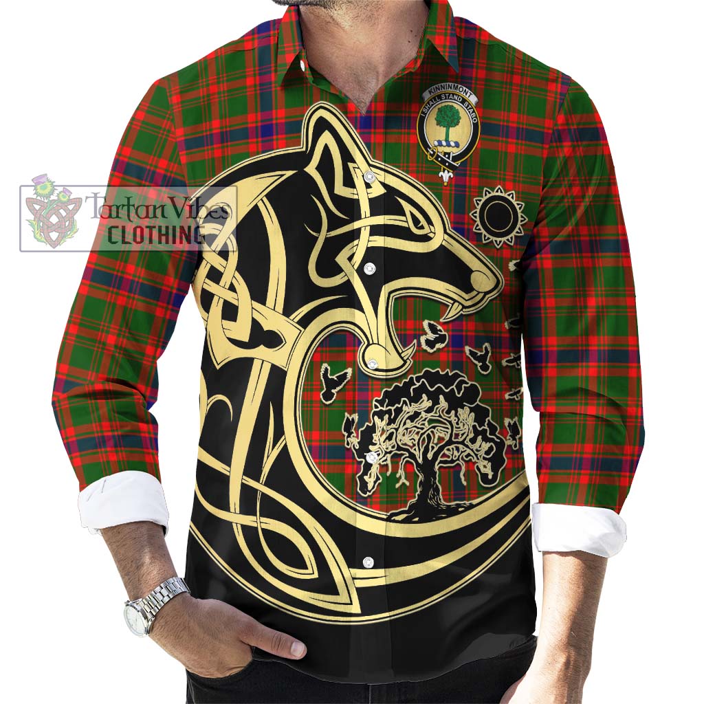 Tartan Vibes Clothing Kinninmont Tartan Long Sleeve Button Shirt with Family Crest Celtic Wolf Style