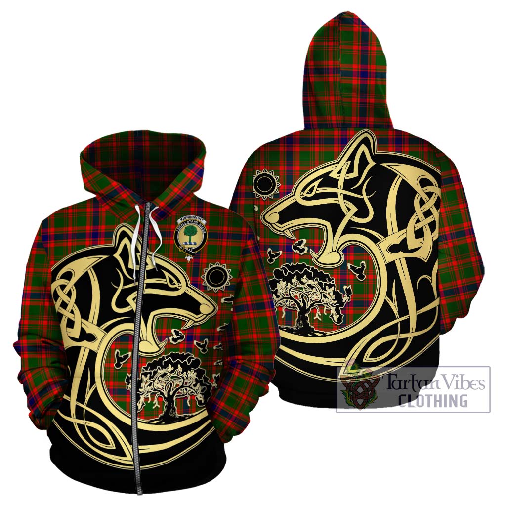 Tartan Vibes Clothing Kinninmont Tartan Hoodie with Family Crest Celtic Wolf Style