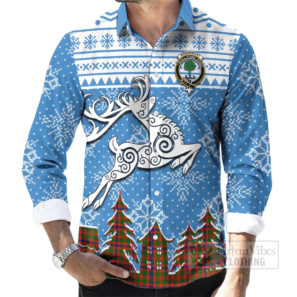 Tartan Vibes Clothing Kinninmont Clan Christmas Long Sleeve Button Shirt Celtic Reindeer Style