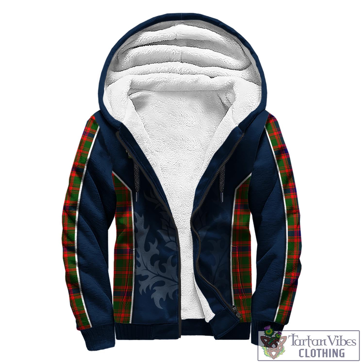 Tartan Vibes Clothing Kinninmont Tartan Sherpa Hoodie with Family Crest and Scottish Thistle Vibes Sport Style