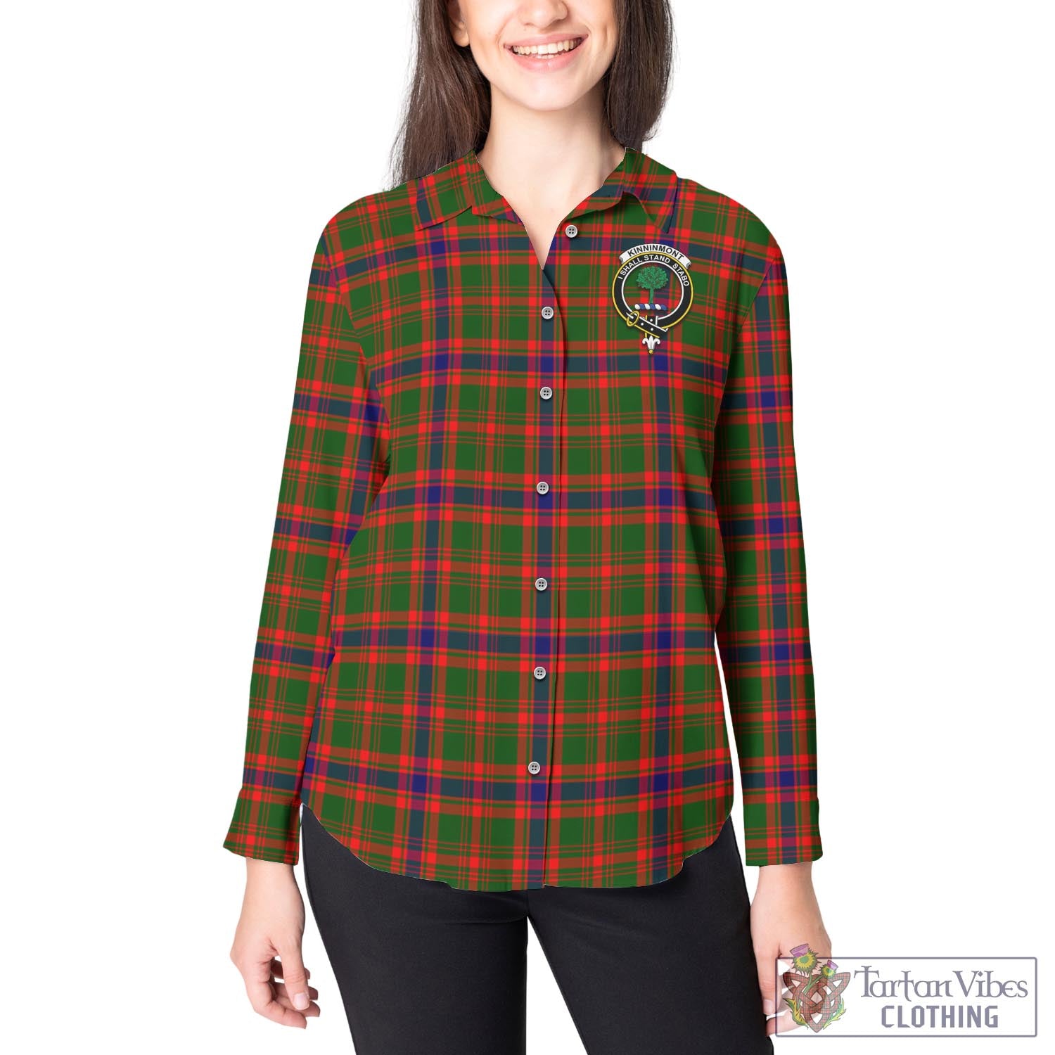 Tartan Vibes Clothing Kinninmont Tartan Womens Casual Shirt with Family Crest