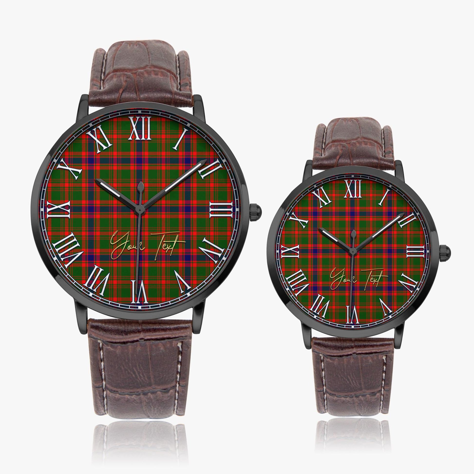Kinninmont Tartan Personalized Your Text Leather Trap Quartz Watch Ultra Thin Black Case With Brown Leather Strap - Tartanvibesclothing