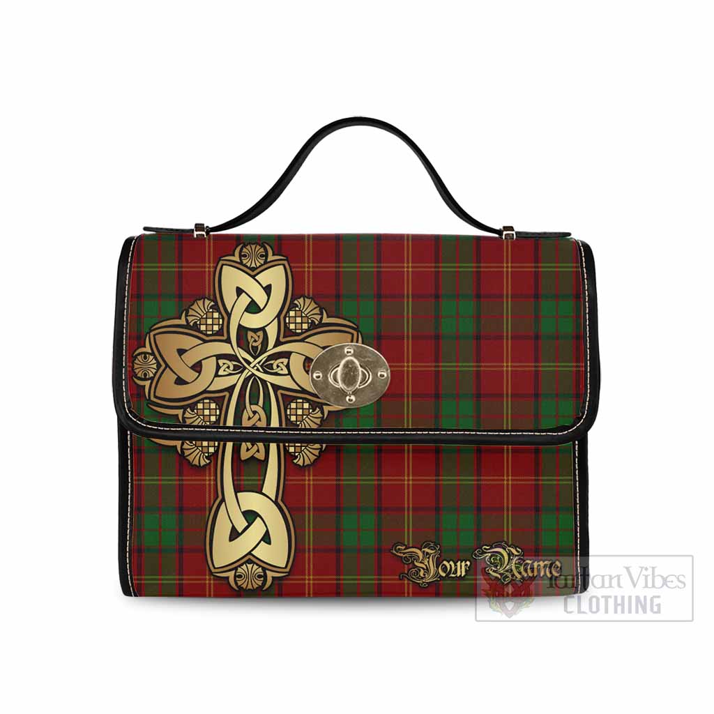 Kirk Tartan Waterproof Canvas Bag Golden Thistle Celtic Cross Style Black Leather Strap One Size 10.5*20*27cm - Tartan Vibes Clothing