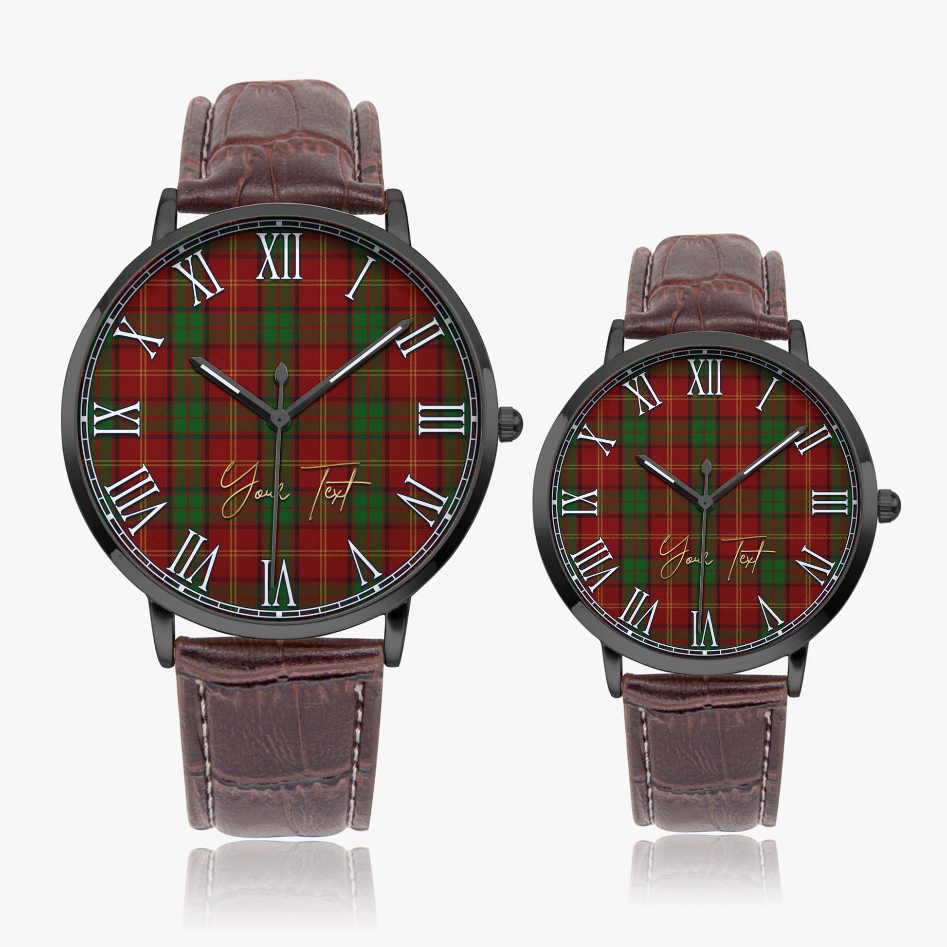 Kirk Tartan Personalized Your Text Leather Trap Quartz Watch Ultra Thin Black Case With Brown Leather Strap - Tartanvibesclothing