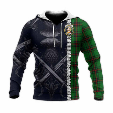 Kirkaldy Tartan Knitted Hoodie with Family Crest Cross Sword Thistle Celtic Vibes