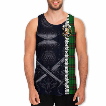 Kirkaldy Tartan Men's Tank Top with Family Crest Cross Sword Thistle Celtic Vibes