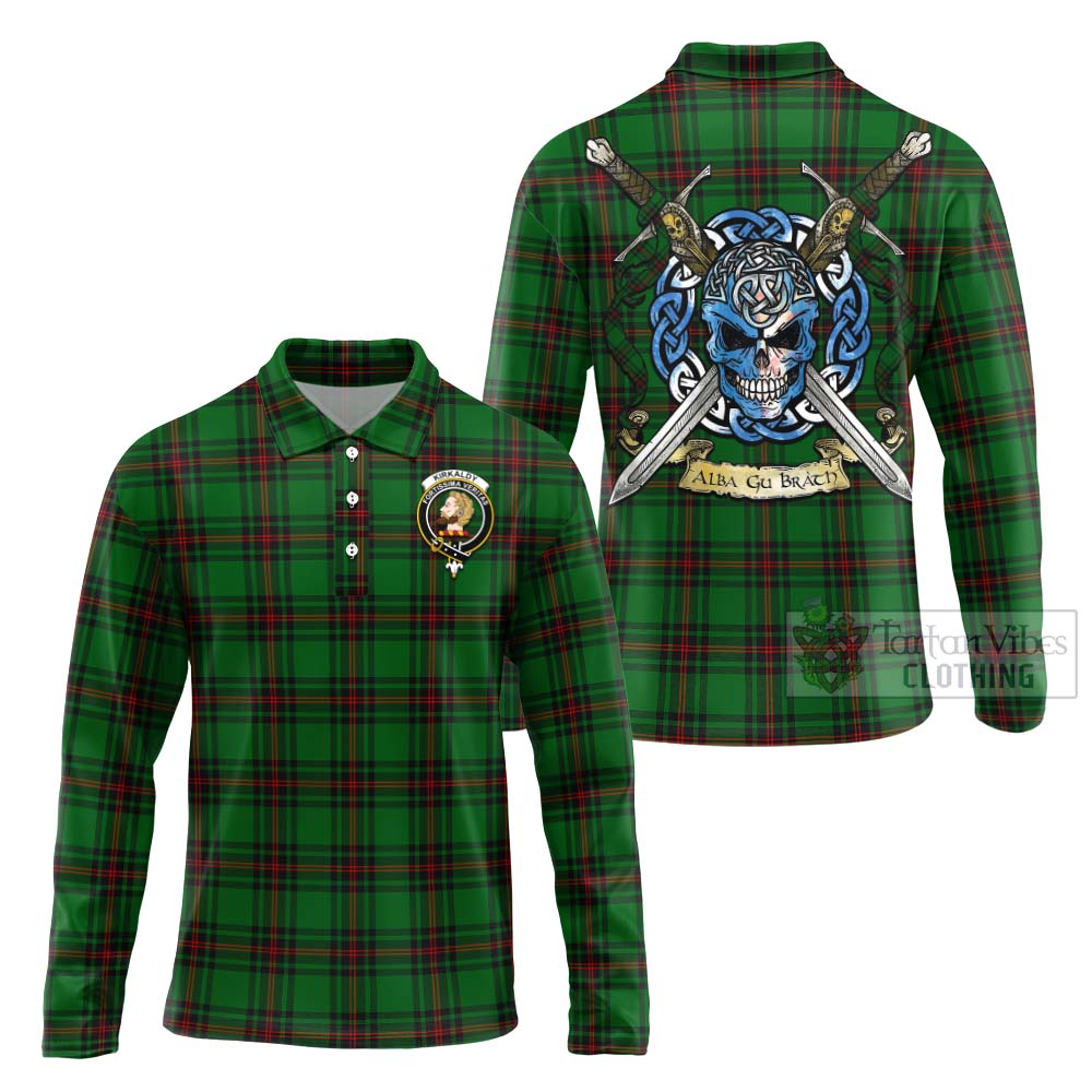 Tartan Vibes Clothing Kirkaldy Tartan Long Sleeve Polo Shirt with Family Crest Celtic Skull Style