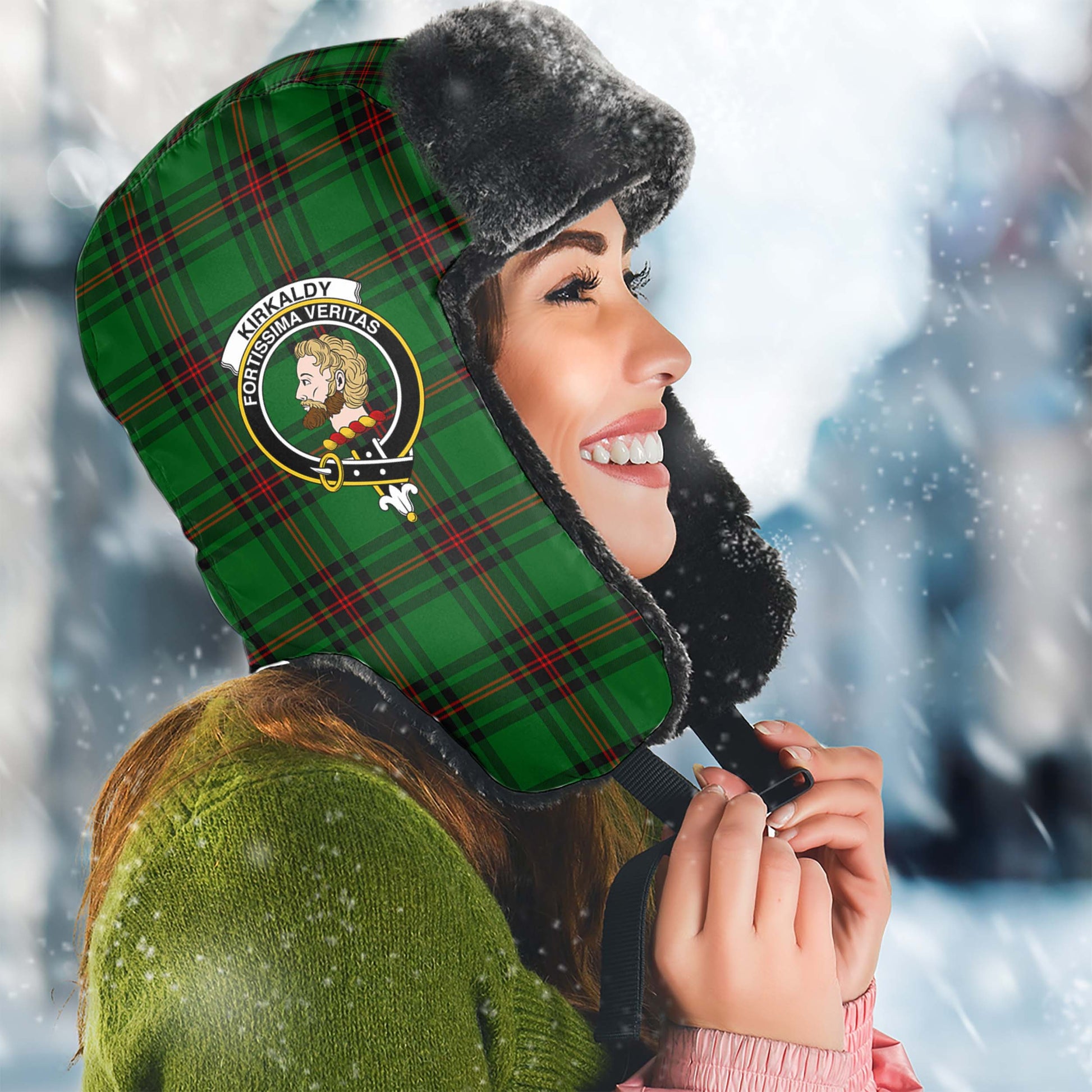 Kirkaldy Tartan Winter Trapper Hat with Family Crest Winter Trapper Hat Universal Fit Circumference 22.8in (58cm) - Tartanvibesclothing