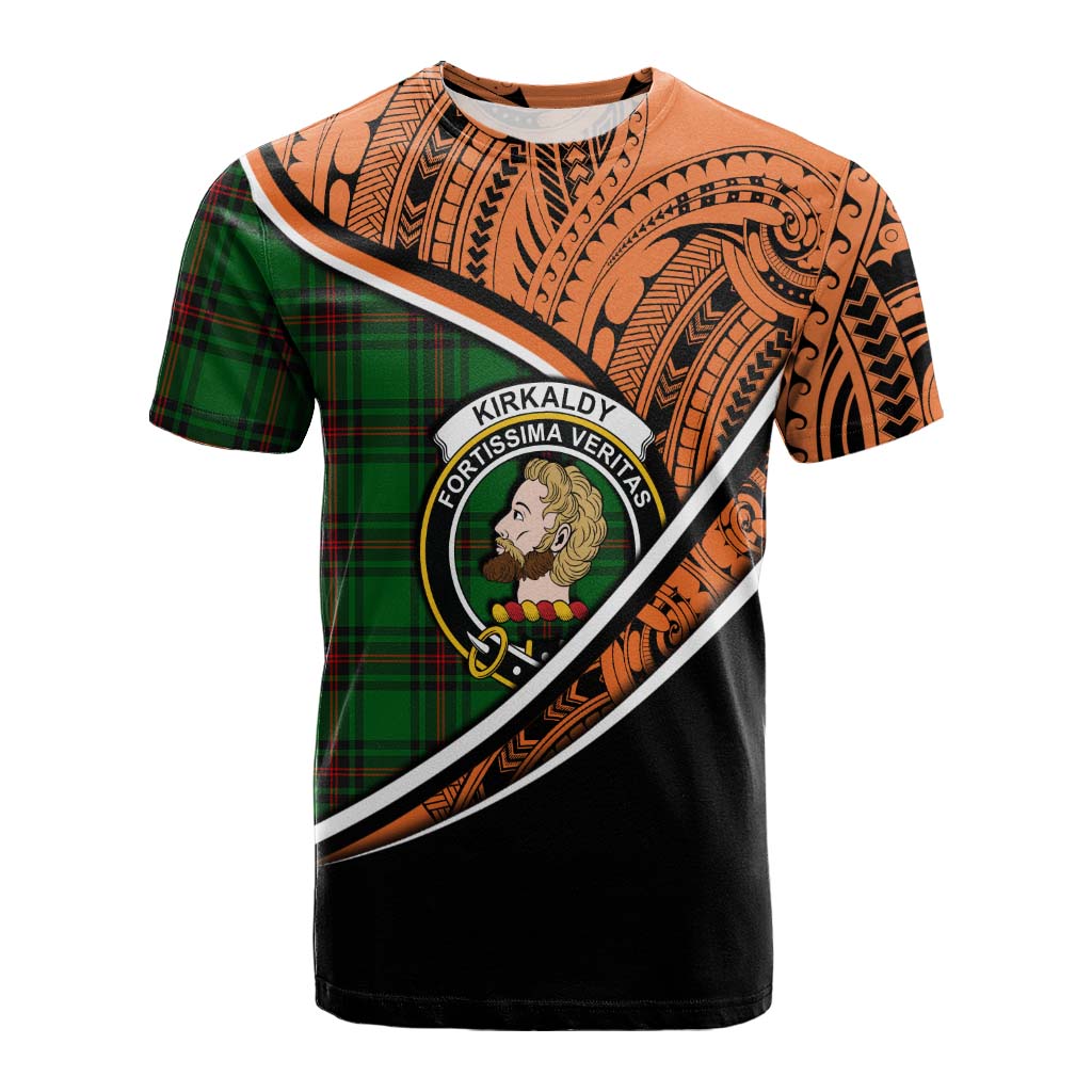 Tartan Vibes Clothing Kirkaldy Crest Tartan Cotton T-shirt with Maori Tattoo Style - Orange Version