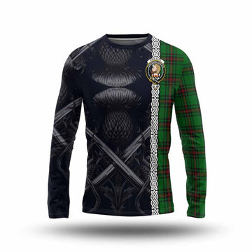 Kirkaldy Tartan Long Sleeve T-Shirt with Family Crest Cross Sword Thistle Celtic Vibes