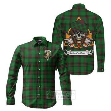 Kirkaldy Tartan Long Sleeve Button Shirt with Family Crest and Bearded Skull Holding Bottles of Whiskey