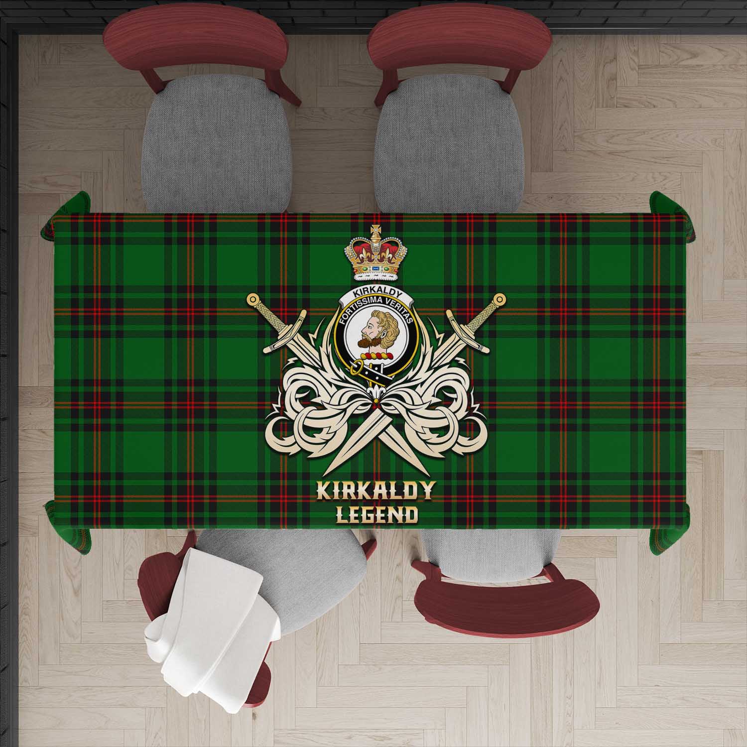 Tartan Vibes Clothing Kirkaldy Tartan Tablecloth with Clan Crest and the Golden Sword of Courageous Legacy