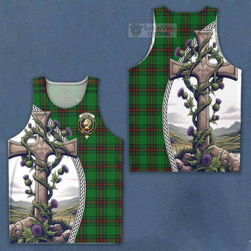 Kirkaldy Tartan Men's Tank Top with Family Crest and St. Andrew's Cross Accented by Thistle Vines Men - Tartan Vibes Clothing