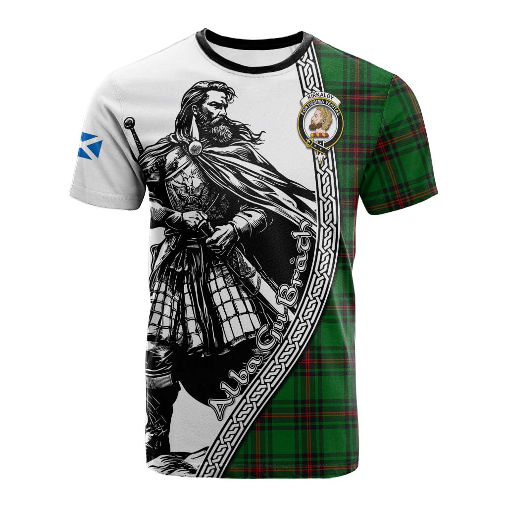 Kirkaldy Tartan Clan Crest Cotton T-shirt with Highlander Warrior Celtic Style