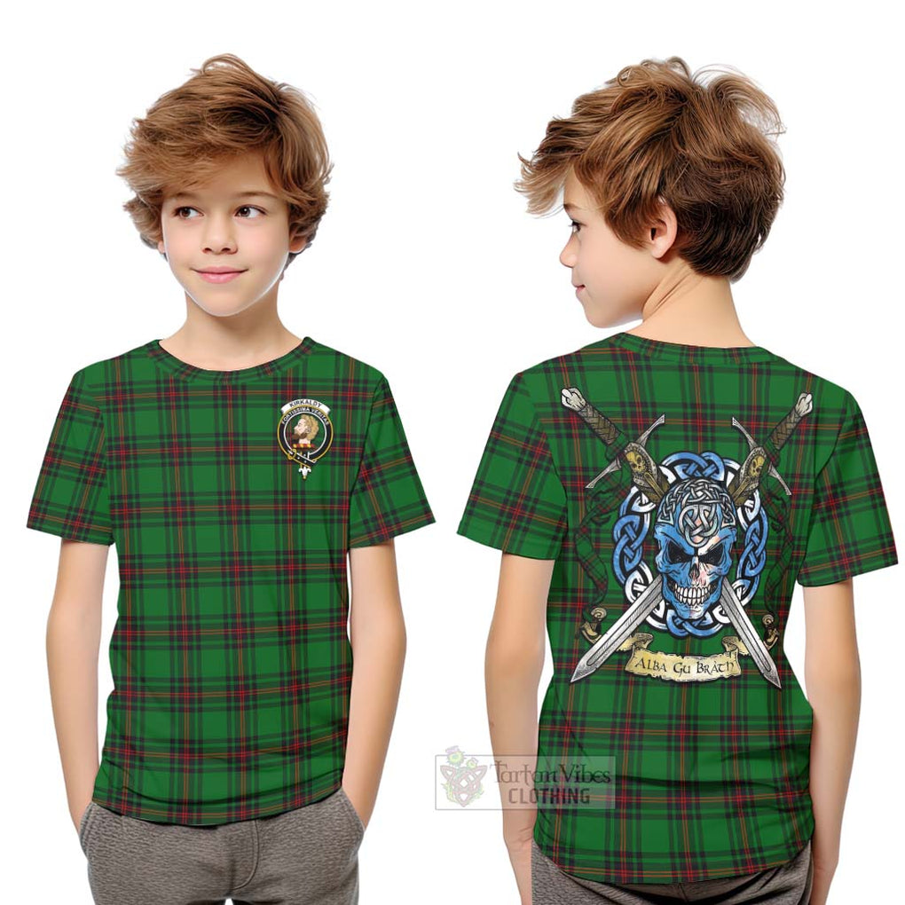 Tartan Vibes Clothing Kirkaldy Tartan Kid T-Shirt with Family Crest Celtic Skull Style