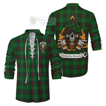 Kirkaldy Tartan Ghillie Kilt Shirt with Family Crest and Bearded Skull Holding Bottles of Whiskey