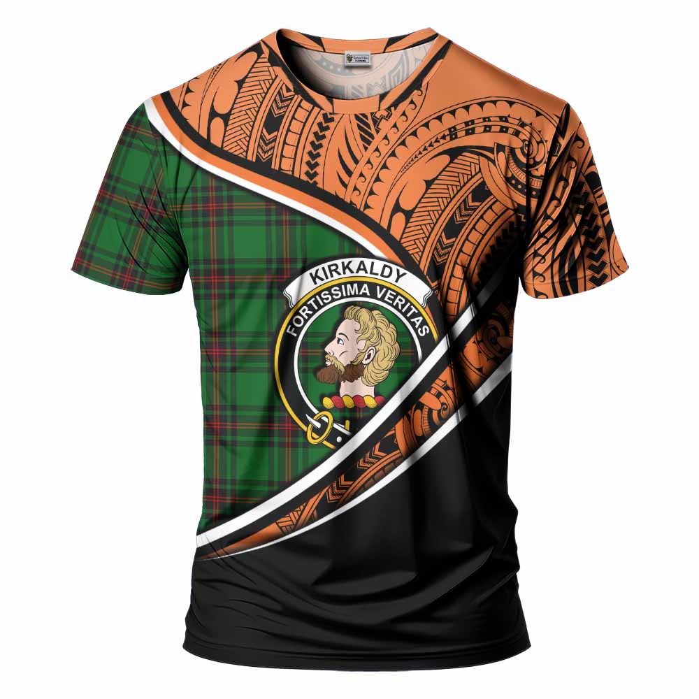 Tartan Vibes Clothing Kirkaldy Crest Tartan T-Shirt with Maori Tattoo Style - Orange Version