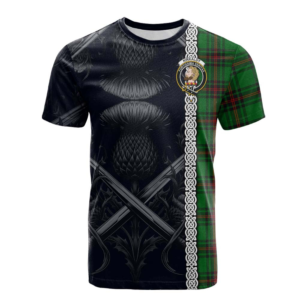 Tartan Vibes Clothing Kirkaldy Tartan Cotton T-shirt with Family Crest Cross Sword Thistle Celtic Vibes