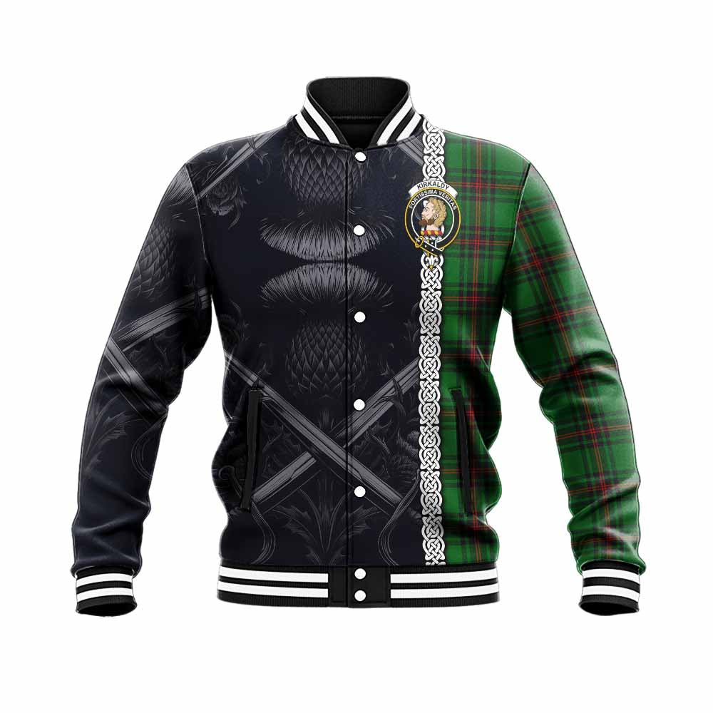 Tartan Vibes Clothing Kirkaldy Tartan Baseball Jacket with Family Crest Cross Sword Thistle Celtic Vibes