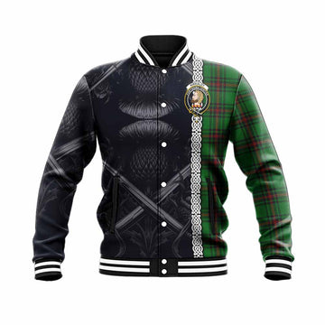 Kirkaldy Tartan Baseball Jacket with Family Crest Cross Sword Thistle Celtic Vibes