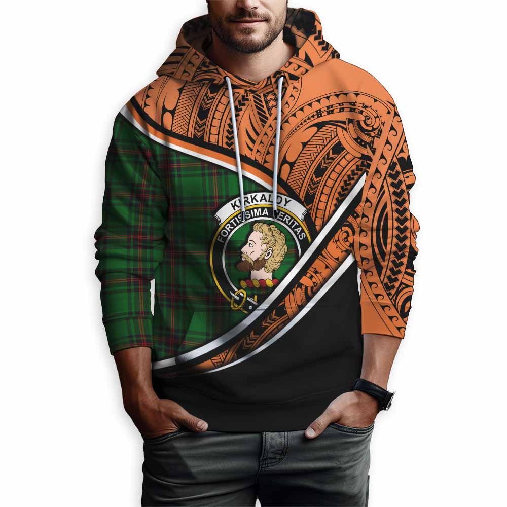 Tartan Vibes Clothing Kirkaldy Crest Tartan Hoodie with Maori Tattoo Style - Orange Version