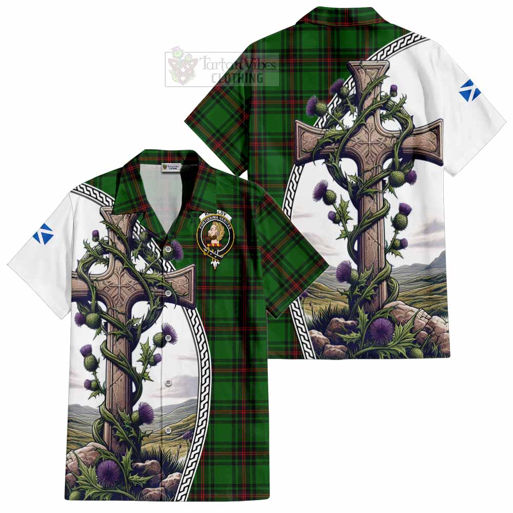 Tartan Vibes Clothing Kirkaldy Tartan Short Sleeve Button Shirt with Family Crest and St. Andrew's Cross Accented by Thistle Vines