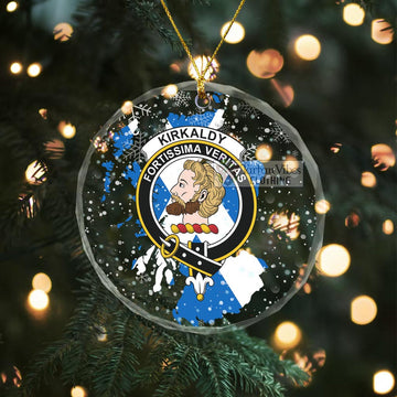 Kirkaldy Clan Crest Christmas Glass Ornament with Scotland Map