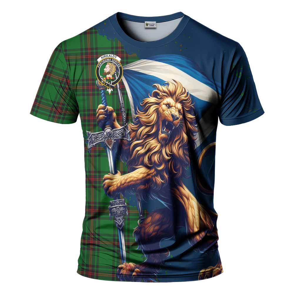 Tartan Vibes Clothing Kirkaldy Tartan Family Crest T-Shirt with Scottish Majestic Lion