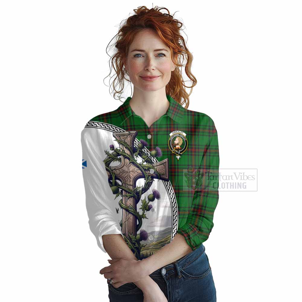 Tartan Vibes Clothing Kirkaldy Tartan Women's Casual Shirt with Family Crest and St. Andrew's Cross Accented by Thistle Vines