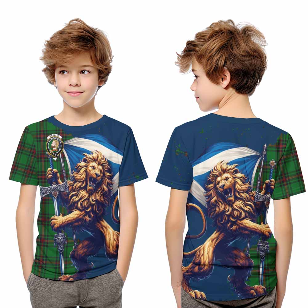 Tartan Vibes Clothing Kirkaldy Tartan Family Crest Kid T-Shirt with Scottish Majestic Lion