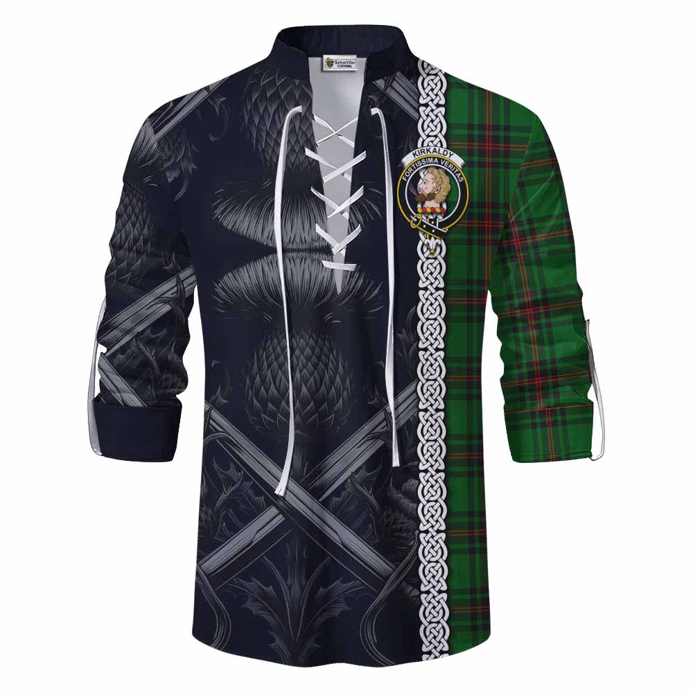 Tartan Vibes Clothing Kirkaldy Tartan Ghillie Kilt Shirt with Family Crest Cross Sword Thistle Celtic Vibes