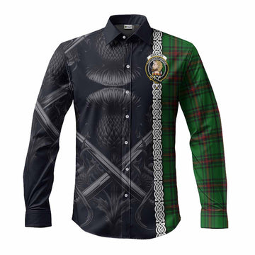 Kirkaldy Tartan Long Sleeve Button Shirt with Family Crest Cross Sword Thistle Celtic Vibes