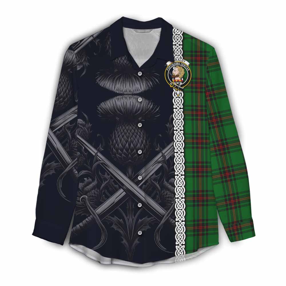 Tartan Vibes Clothing Kirkaldy Tartan Women's Casual Shirt with Family Crest Cross Sword Thistle Celtic Vibes