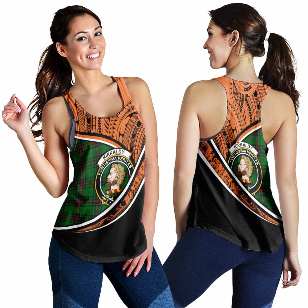 Tartan Vibes Clothing Kirkaldy Crest Tartan Women's Racerback Tanks with Maori Tattoo Style - Orange Version