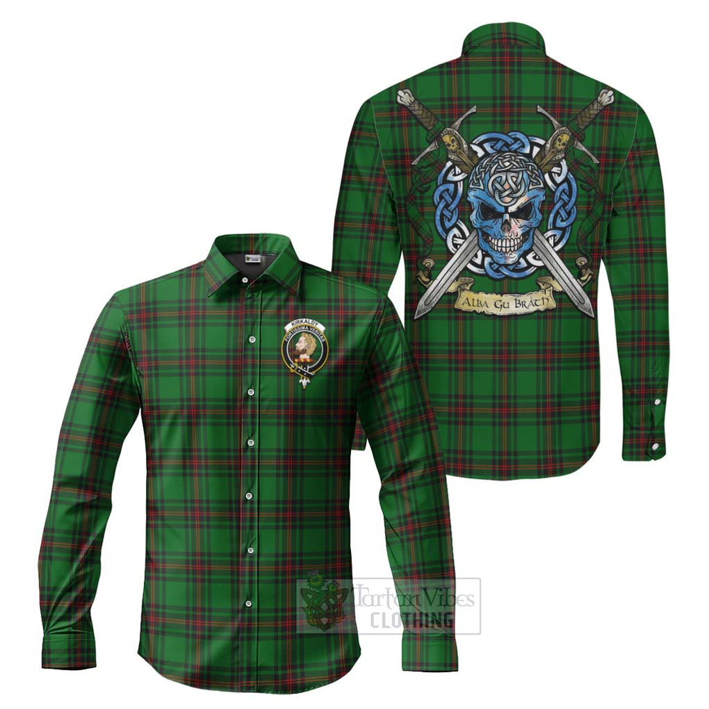 Tartan Vibes Clothing Kirkaldy Tartan Long Sleeve Button Shirt with Family Crest Celtic Skull Style