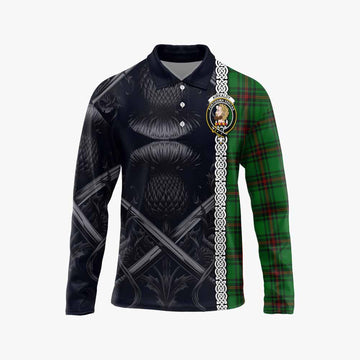 Kirkaldy Tartan Long Sleeve Polo Shirt with Family Crest Cross Sword Thistle Celtic Vibes