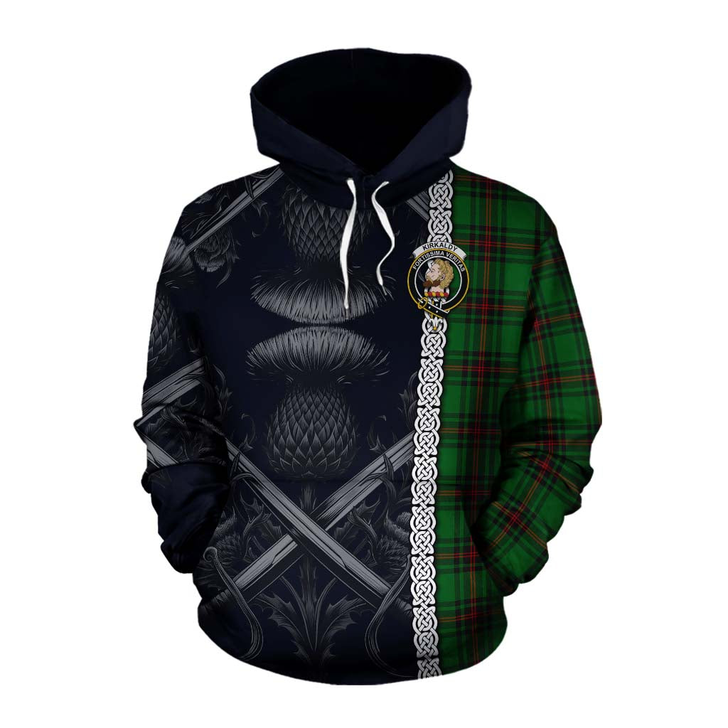 Tartan Vibes Clothing Kirkaldy Tartan Cotton Hoodie with Family Crest Cross Sword Thistle Celtic Vibes