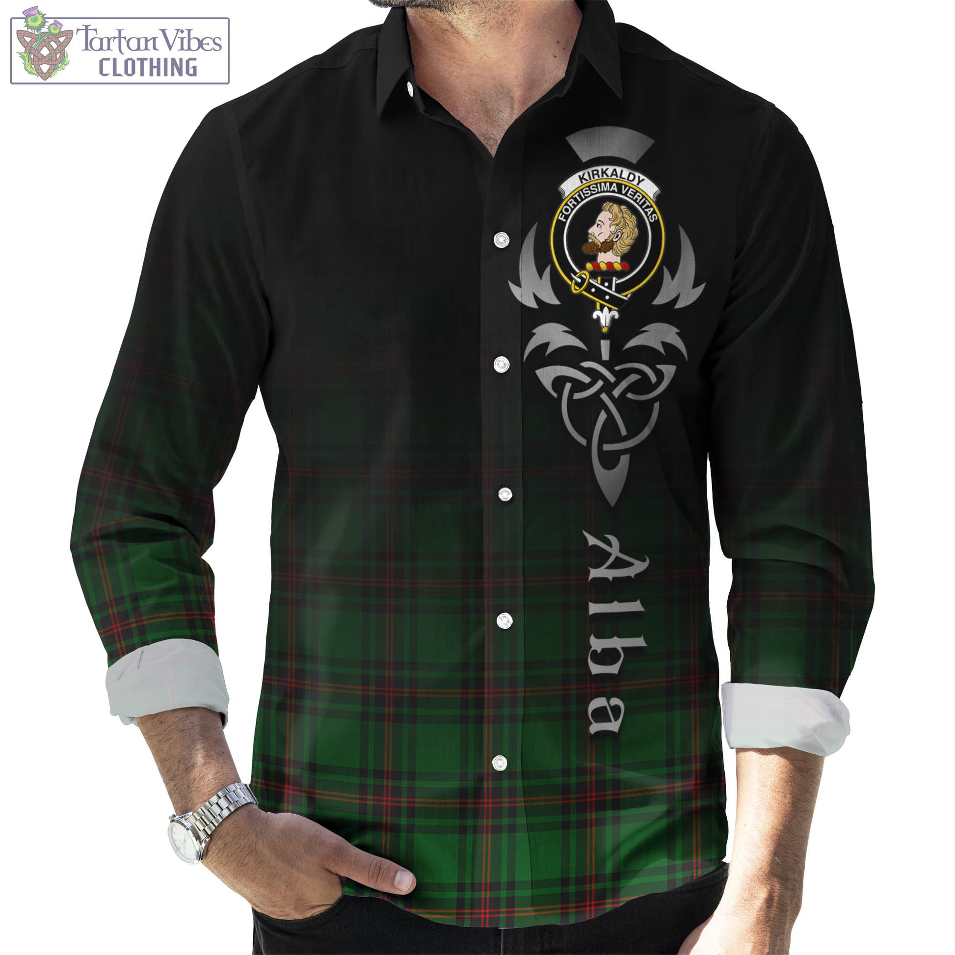 Tartan Vibes Clothing Kirkaldy Tartan Long Sleeve Button Up Featuring Alba Gu Brath Family Crest Celtic Inspired