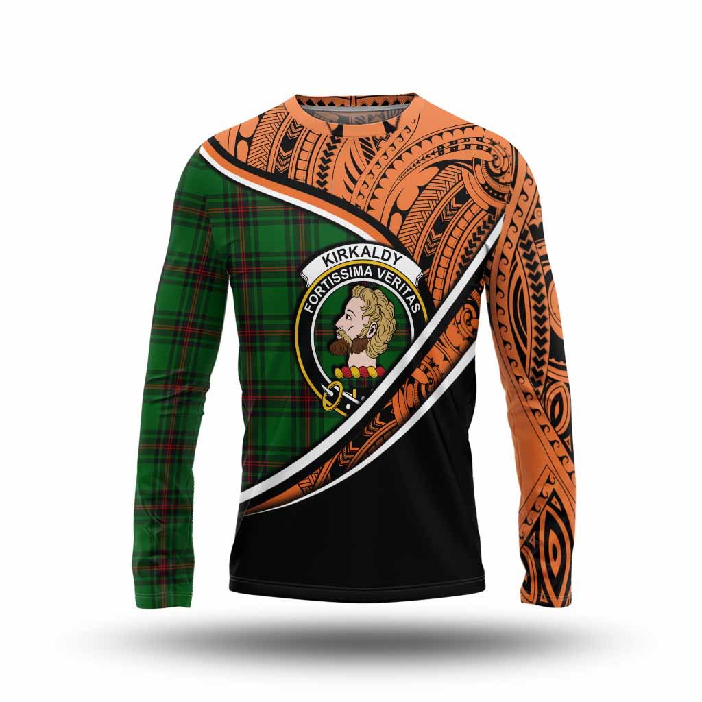 Tartan Vibes Clothing Kirkaldy Crest Tartan Long Sleeve T-Shirt with Maori Tattoo Style - Orange Version