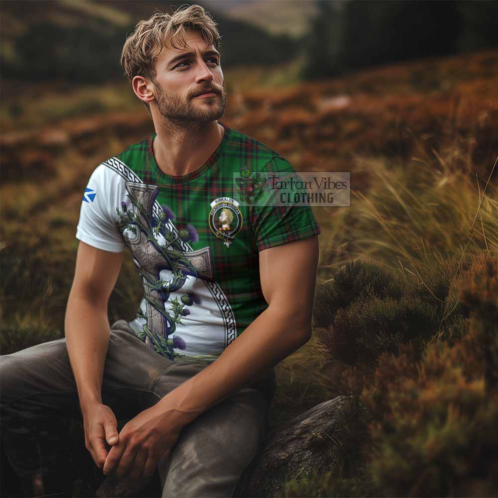 Tartan Vibes Clothing Kirkaldy Agnew Tartan T-Shirt with Family Crest and St. Andrew's Cross Accented by Thistle Vines