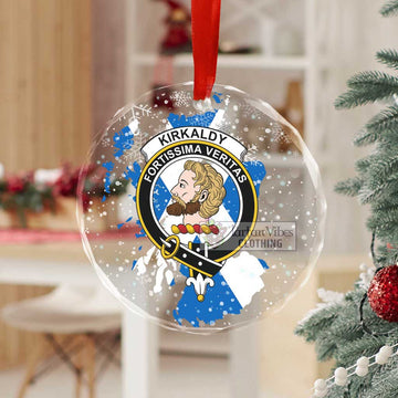 Kirkaldy Clan Crest Christmas Glass Ornament with Scotland Map