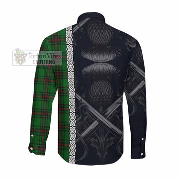 Kirkaldy Tartan Long Sleeve Button Shirt with Family Crest Cross Sword Thistle Celtic Vibes